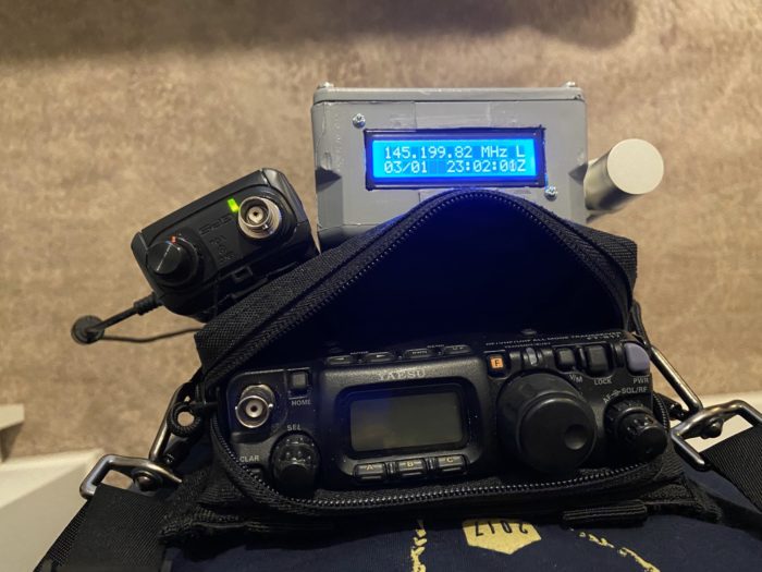 Kenwood TH-D74 with Upward-Facing Display and Yaesu FT-817ND Chest Rig